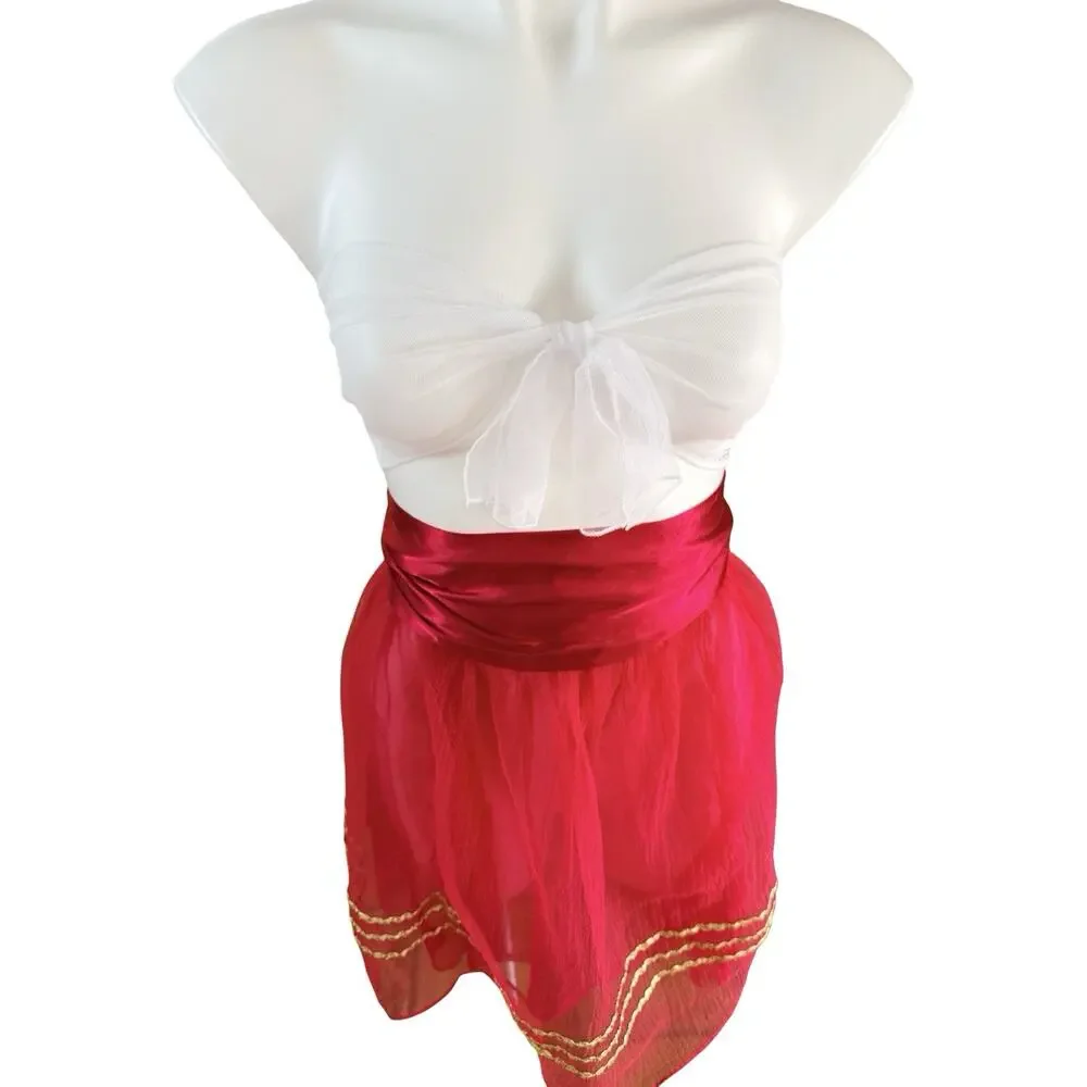 Vintage Red Sheer Chiffon Apron Gold Rickrack Trim Satin Bow